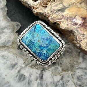 Sterling Silver Southwestern Style Shattuckite Decorated Bar Ring Sz 7 For Women